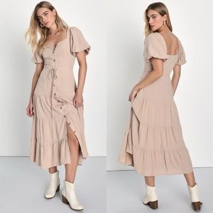 NWT Lulus Got All That Puff Sleeve Tiered Midi Dress Beige